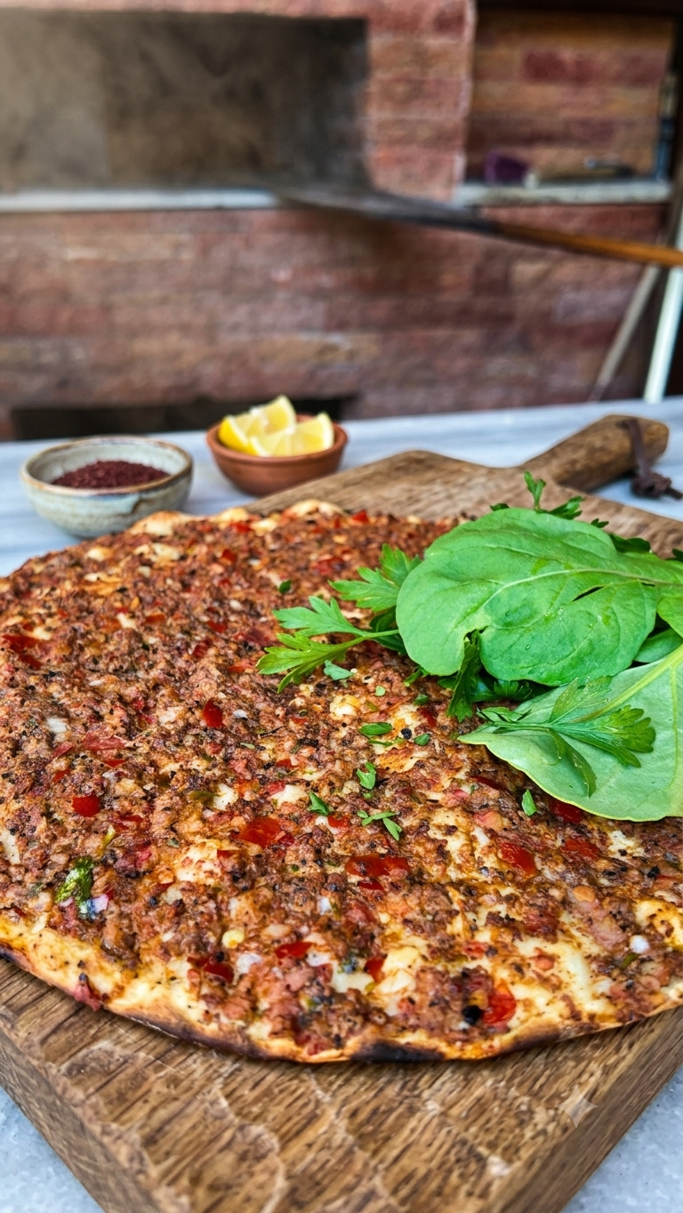 Fresh Turkish mezes and homemade lahmacun on a rustic wooden table