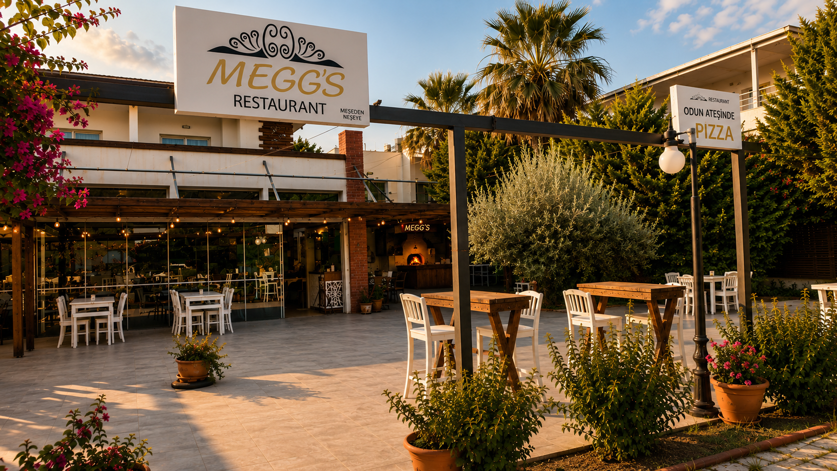 Meggs Restaurant terrace at golden hour — white tables and chairs, bougainvillea, palm trees, and the wood-fired pizza oven glowing inside